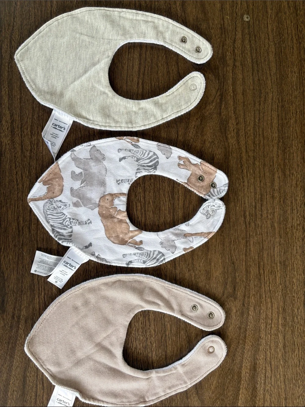 Carter's Neutral Baby Bib Trio - Cream, White & Tan Animal Print